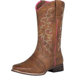 Brown Women's Cowboy Boots Square Toe Western Cowgirl Mid Wide Calf Embroidered